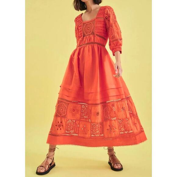 Hunter Bell Rowe Cherry Red Midi Maxi Crochet Cut Out Linen Dress Tuckernuck - Picture 2 of 14